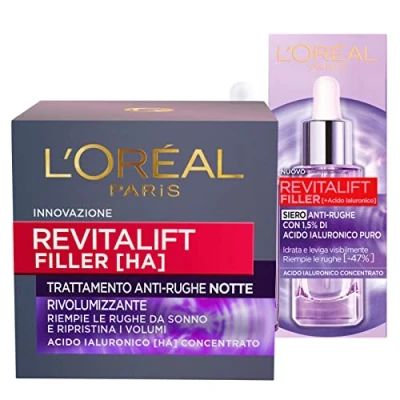 Abbildung von L&#039;Oréal Paris Revitalift Filler Gesichtsserum mit aufpolsternder Wirkung + Revolumizing Anti Falten Nacht Gesichtsbehandlungscreme 2 Behandlungen Hyaluronsäure
