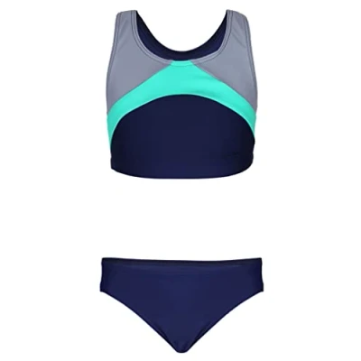 Abbildung von Aquarti Mädchen Sport Bikini Racerback Bustier &amp; Bikinislip, Farbe: Dunkelblau/Grau/Grün, Größe: 152