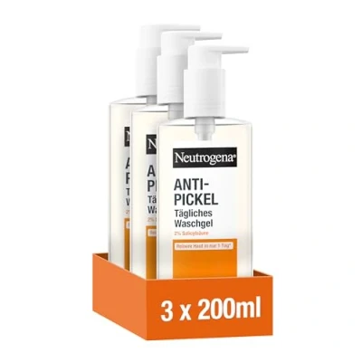 Abbildung von Neutrogena Anti Pickel Tägliches Waschgel (3x200 ml), sanftes Gel mit 2% Salicylsäure(BHA), porentiefe Gesichtsreinigung, entfernt überschüssiges Öl &amp; Unreinheiten