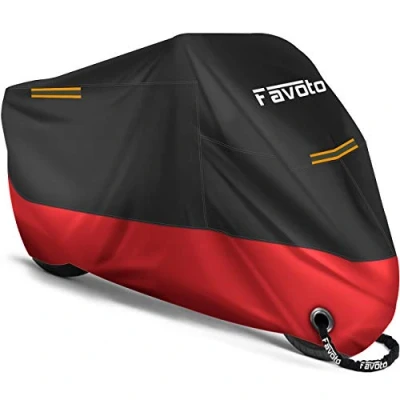 Abbildung von Favoto Verbesserte Version Motorradabdeckung Wasserabweisend Motorrad Abdeckplane Outdoor Motorradgarage Motorroller Abdeckung Winterfest mit 2 Gürtelschnalle Schwarz Rot XXL 245cmx105cmx125cm