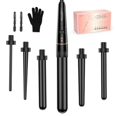 Abbildung von BESTOPE PRO 6 in 1 Lockenstab Große Locken und Kleine, Lockenstäbe, Mit Verschiedenen Aufsätzen, Handschuhen Temperatur Einstellbar, Schwarz