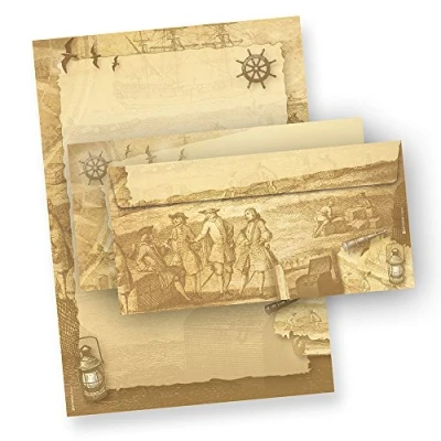 Abbildung von Briefpapier mit Umschlag Piraten &amp; Seefahrer 25 Sets beidseitig bedruckt A4 Set Schiff maritim