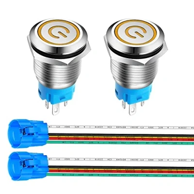 Abbildung von Gebildet 16mm Edelstahl Latching Drucktastenschalter 12V 24V 5A Power Symbol LED 1NO1NC SPDT ON Off Wasserdichter Kippschalter mit Steckdose Stecker (Gelb LED)