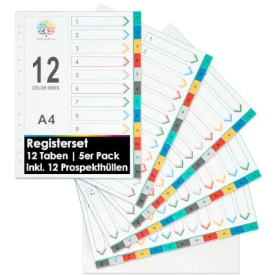 Abbildung von OfficeTree 5x Ordner Register A4 mit 12 Taben inkl. Klarsichthüllen Multilochung für oder Ringbuch Plastik Trennblätter Ordnerregister