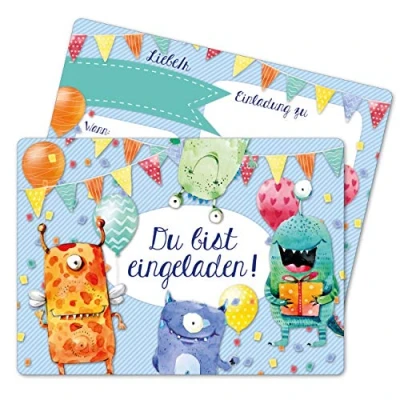 Abbildung von Papierdrachen 12 Einladungskarten zum Geburtstag für Kinder Motiv Monster Geburtstagseinladungen deine Geburtstagsparty (DIN A6 mit abgerundeten Ecken)