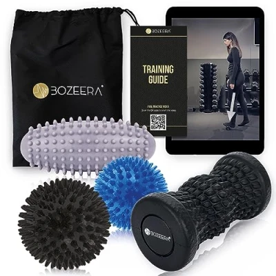 Abbildung von Igelball Fußmassage Set 1x Fußmassagegerät 2X Massageball mit Noppen ovaler Stachelballfür Rücken Beine Füße Fußroller &amp; Igelbälle mittel, Stachelball hartInkl Video,Poster Tasche