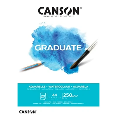 Abbildung von CANSON Graduate, Aquarellpapier, fein, 250 g/m², an der kurzen Seite geleimter Block, DIN A4 21 x 29,7 cm, Naturweiß, 20 Blatt