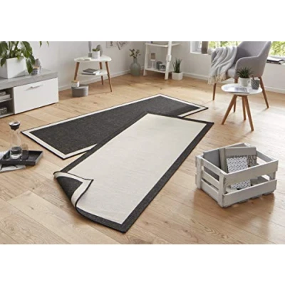 Abbildung von NORTHRUGS in und Outdoor Teppich Panama 80x250cm Wendeteppich Wetterfest Modernes Uni Design mit Bordüre Läufer für Balkon Terrasse Garten Wintergarten Wohnzimmerteppich Wasserfest Schwarz Creme