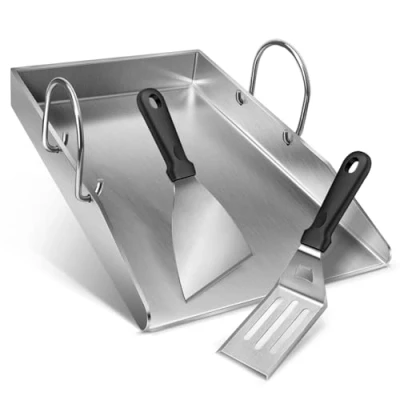 Abbildung von Grillplatte Plancha Geschenke für Männer Frauen, mit 2 Grillspachtel Set, 4mm Dickem Edelstahl BBQ Abnehmbar Griffen, Gasgrill und Holzkohlegrill 40 x 30 4 cm