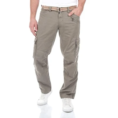 Abbildung von Timezone Herren Cargo Jeans Hose BenitoTZ Loose Fit Cargohose Stoffgürtel 100% Baumwolle Basic Taschen Beige w28 w29 w30 w31 w32 w33 w34 w36 w38 w40, Farbe:Perl Grey (8435), Größe:30W / 34L