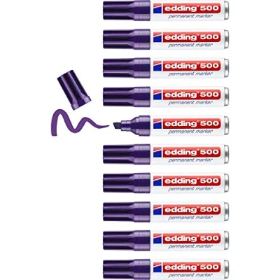 Abbildung von edding 500 Permanentmarker violett 10 Stifte Keil Spitze 2 7 mm wasserfest, schnell trocknend wischfest für Karton, Kunststoff, Holz, Metall, Glas