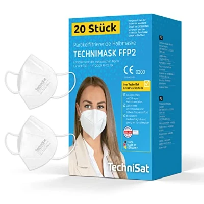 Abbildung von TechniSat TECHNIMASK FFP2 Maske 20 Stück Atemschutzmaske (5 lagig mit 3x Meltblown Vlies, Masken 100% Made in Germany) Farbe: Weiß