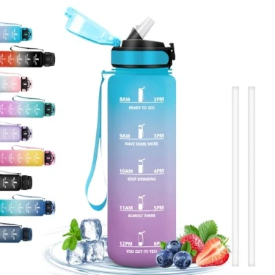 Abbildung von Trinkflasche, Trinkflasche 1l mit Strohhalm, Zeitmarkierung, Leicht zu Reinigen, Gym, Auslaufsicher, Sporttrinkflasche für Fitness, Yoga, Camping, Wandern, Blau Lila