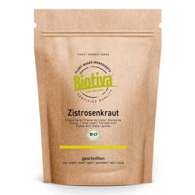 Abbildung von Zistrosenkraut Bio 500g Cistus Incanus hochwertigste Qualität Vorratspackung Abgefüllt und kontrolliert in Deutschland Biotiva