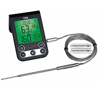 Abbildung von TFA Dostmann Digitales Grillthermometer/Bratenthermometer, Kontrolle der Kerntemperatur und Garraumtemperatur, mit Knickschutz Alarmton, L 64 x B 20 (96) H 99 (61) mm (schwarz Batterien)