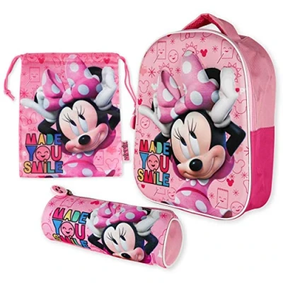 Abbildung von BONNYCO Kindergartenrucksack Jungen 3D, Turnbeutel Kinder und Stiftebox Minnie Mouse Rucksack für Mädchen Schulmaterial zurück zur Schule mit den Kindern