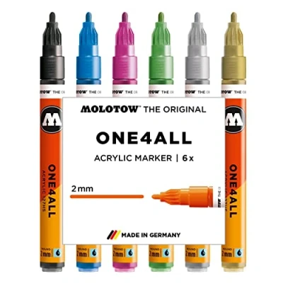 Abbildung von Molotow One4All 127HS Acryl Marker Metallic Set (2,0 mm Strichstärke, hochdeckend und permanent, UV beständig, für fast alle Untergründe) 6 Stück sortiert
