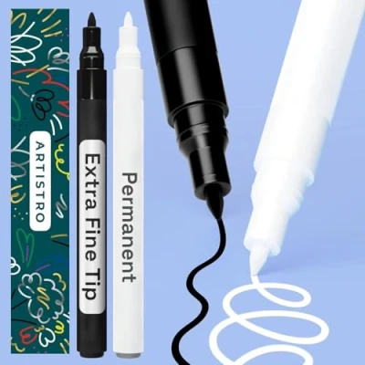 Abbildung von Artistro Permanent Marker Schwarz und Weiß 2 Stück Acrylstifte Wasserfest Filzstift mit 0,7 mm Spitze, Schnell Trocknender Glanzlackmarker für Textil, Keramik, Glas, Holz, Metall, Karton