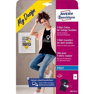 Abbildung von AVERY Zweckform 10 Textilfolien, T Shirt selbst gestalten, bedrucken (Bügelfolie, farbige Textilien, DIN A4, bedruckbare, Folie zum Aufbügeln, Transferfolie für Inkjet Drucker) MD1012