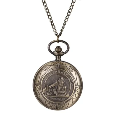 Abbildung von JewelryWe Taschenuhr Herren Zug Bronze: Vintage Analog Quarz Kettenuhr Polarexpress Dampfzug Antike Uhr mit Halskette Kette Geschenk für Männer Ehemann Vater