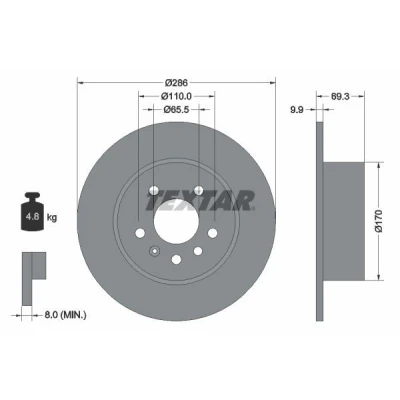 Abbildung von TEXTAR PRO 92075703 Bremsscheibe 286 9,9 05/07 110 voll beschichtet ohne Radbefestigungsbolzen, Radnabe SAAB: 9 5 Estate, 3 Convertible