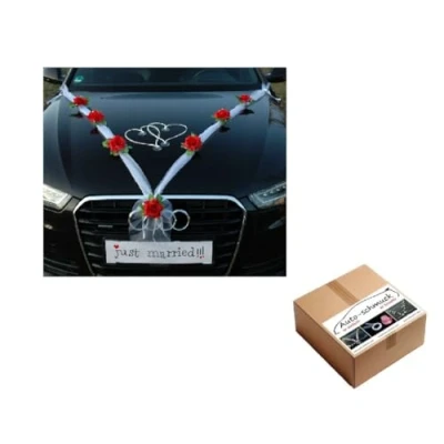 Abbildung von ORGANZA M + HERZEN Braut Paar Rose Deko Dekoration Autoschmuck Hochzeit Car Auto Wedding Ratan Girlande ®Auto schmuck PKW (Rot/Weiß/Weiß)