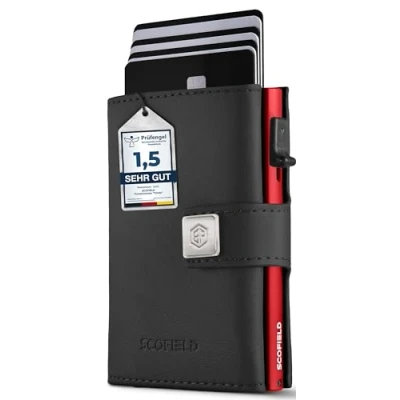 Abbildung von Scofield® Slim Wallet Ι Card holder Mini Geldbörse Platz für bis zu 12 Karten Kartenetui Kreditkartenetui mit RFID Schutz Geldbeutel (Black Leather / Red Case kein Münzfach)