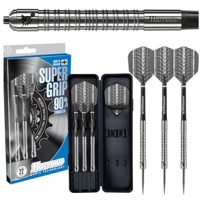 Abbildung von Harrows Supergrip Darts Set mit 90% Wolframstahlspitze. Erhältlich in 21 g, 22 23 24 25 26 28 g und 30 inklusive Schäften, Flights Reiseetui 26g