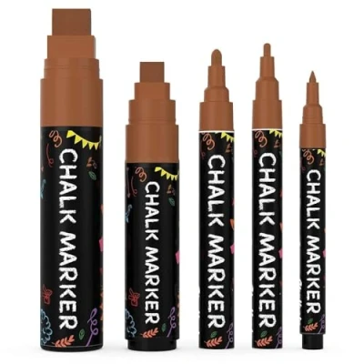 Abbildung von Chalkola Kreidestifte Braun 5 Kreide Markers Multipack 1mm, 3mm, 6mm, 10mm, 15mm Spitze. für Fenster, Tafel, Glas und mehr. Ideal Erwachsene, Künstler, Lehrer Kinder.
