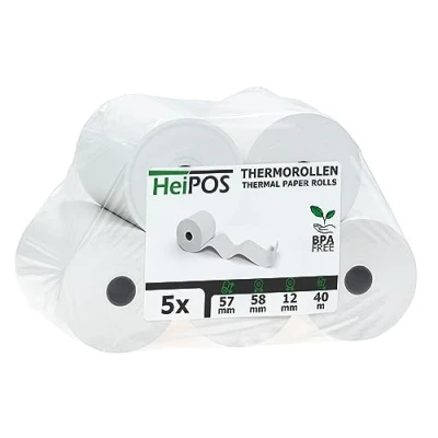 Abbildung von HeiGroup HeiPOS 5x Thermorollen BPA frei (B/Ø) 57mm / 58mm Länge 40m, Kern Ø 12mm, Flächengewicht 52 g/m2, Dicke 60 µm, 10 Jahre Haltbarkeit