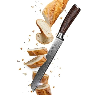 Abbildung von Wakoli Edib Damastmesser Brotmesser mit Wellenschliff I scharfe 20 cm Klinge aus 67 Lagen Damaststahl VG10 Kern und Griff Pakkaholz Profi Küchenmesser Kochmesser