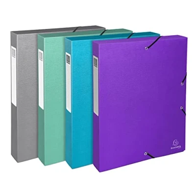 Abbildung von Exacompta 59640E 4er Pack Premium Sammelbox Teksto mit Gummizug 40 mm breit aus extra starkem Colorspan Karton Rückenschild für DIN A4 Archivbox Heftbox Dokumentenbox Zeichenbox farbig sortiert