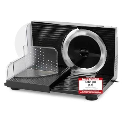 Abbildung von Emerio Allesschneider &quot;Made in EU&quot;, Edelstahl Messereinheit Deutschland produziert, einstellbar 0 17mm, BPA frei, platzsparend klappbar, mit Sicherheitsschalter, Eco 100 Watt, MS 125000.1, Schwarz