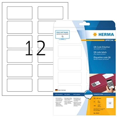 Abbildung von HERMA 9643 QR Code Etiketten blickdicht, 25 Blatt, 80 x 40 mm, 12 pro A4 Bogen, 300 Stück, selbstklebend, bedruckbar, matt, blanko Papier Klebeetiketten Aufkleber, weiß