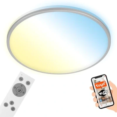 Abbildung von BRILONER LED Deckenlampe flach Smart Home, funktioniert mit Alexa, Fernbedienung, Lampe, Deckenleuchte, Wohnzimmerlampe, Panel, Schlafzimmerlampe, 49x7,7 cm, Chrom Matt