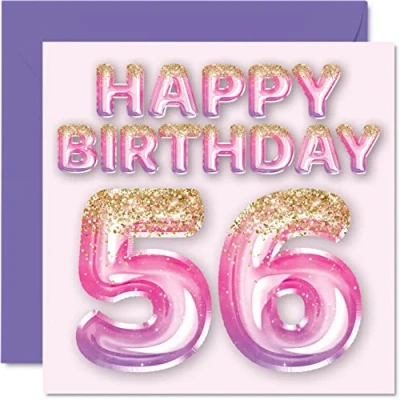 Abbildung von Geburtstagskarte zum 56. Geburtstag für Frauen rosa und lila Glitzerballons Happy Karten 56 Jahre alte Frau Mama Nanny Grandma Gran Tante 145 mm Fifty Six Sixth Bday Grußkarten Geschenk