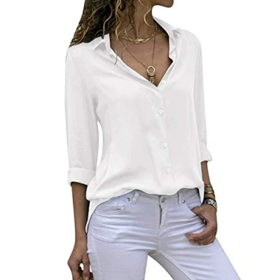 Abbildung von Cassiecy Damen Bluse Chiffon Elegant V Ausschnitt Langarm Casual Oberteile Hemd Lose Langarmshirt Tops (XL, Weiß)