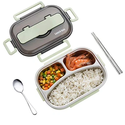 Abbildung von amropi Brotdose aus Edelstahl,Lunchbox mit 2/3/4/5 Fächern,mit Stäbchen und Löffel,Bento Box zum Wandern/Reisen/Schule/Büro (Grün, 3 Fach)
