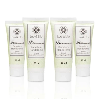 Abbildung von Leo &amp; Lilo 4er Set Handcreme Kamelie 20 ml Sehr intensive Pflege für trockene Hände Mit kostbarem Bio Kamelienöl und Kamelienblütenextrakt Naturkosmetik
