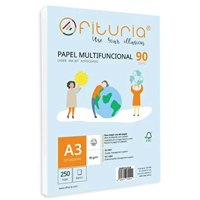 Abbildung von Packung mit A3 Blättern, 90 g, 250 weißen multifunktionales Papier für Schule und Arbeitsumgebungen, ideal Laser , Inkjet oder Kopierer, Opituria
