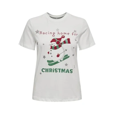 Abbildung von ONLY Damen Onlxmas Life Yrsa Christmas S/S Top JRS T Shirt, Cloud Dancer/Print:Skiing Snowman, M