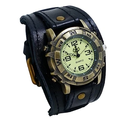 Abbildung von Silverora Herrenuhr Leder Herren Uhr: Steampunk Analog Quarz Armbanduhr Gotik Verstellbar Echt Lederarmband Uhren mit breite Manschetten Halloween Zubehör Geschenke für Männer Jungen Schwarz