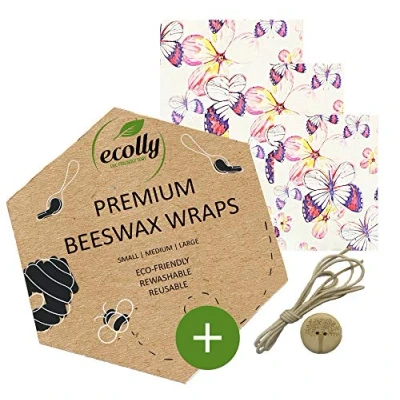 Abbildung von ecolly Bienenwachstücher 3er Set (S, M, L), Bienenwachspapier, Beeswax Wrap, Plastikfrei &amp; wiederverwendbar, OHNE Jojobaöl, inklusive Knopf Baumwollfaden Butterfly