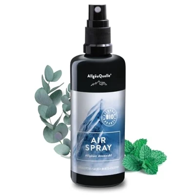 Abbildung von AllgäuQuelle® BIO Airspray mit 100% Öle Allgäuer Atemwohl Eukalyptus Salbei Minze Cajeput (100ml). Natürlicher Raumduft m. ätherische Öle. Raumspray naturrein und biologisch.