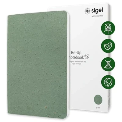 Abbildung von Sigel RU103 veganes Notizbuch aus Kaffee und Baumwollresten, liniert, dickes 100 g Papier, ca. A5, nachhaltig: frei von Plastik Chemikalien, Seiten, Re Up Notizheft, Geschenkbuch grün