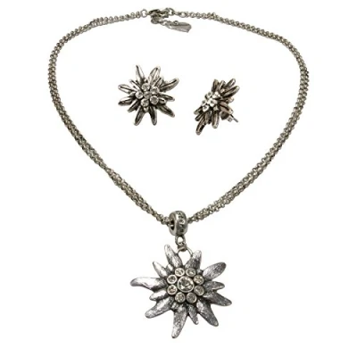 Abbildung von Alpenflüstern Trachtenschmuck Set Trachtenkette und Ohrstecker Strass Edelweiß Damen Trachten Schmuck, Trachtenset Dirndl Kette Ohrringe antik Silber Farben SET030