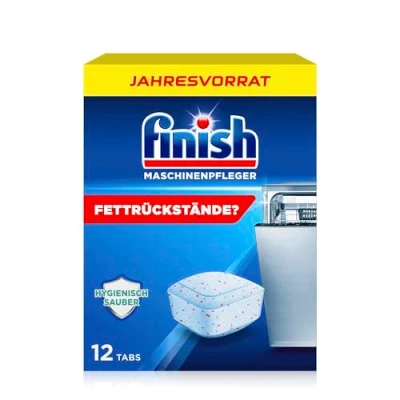 Abbildung von Finish Maschinenpfleger Tabs Spülmaschinentabs gegen Schmutz und Fett im Inneren der Spülmaschine Jahresvorrat mit 12 Geschirrspülreiniger