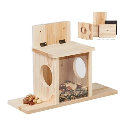 Abbildung von Relaxdays Eichhörnchen Futterhaus, Bausatz, Holz, 2 Eingänge &amp; Sitzplattformen, zum Aufhängen, Eichhörnchenhaus, Natur, 1 Stück