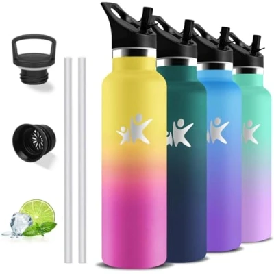 Abbildung von Thermosflasche 1l Trinkflasche Edelstahl, mit Strohhalm, BPA Frei, Isolierflasche Doppelwandig, Auslaufsicher, 24h Kalt &amp; 12h Warm, Wasserflasche für Wandern, Camping, Yoga
