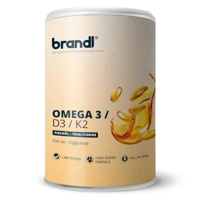 Abbildung von Vitamin D3 K2 Omega 3 Premium Kapseln brandl® Made in Germany mit Fischöl aus der EU Optimiert für Sportler 240